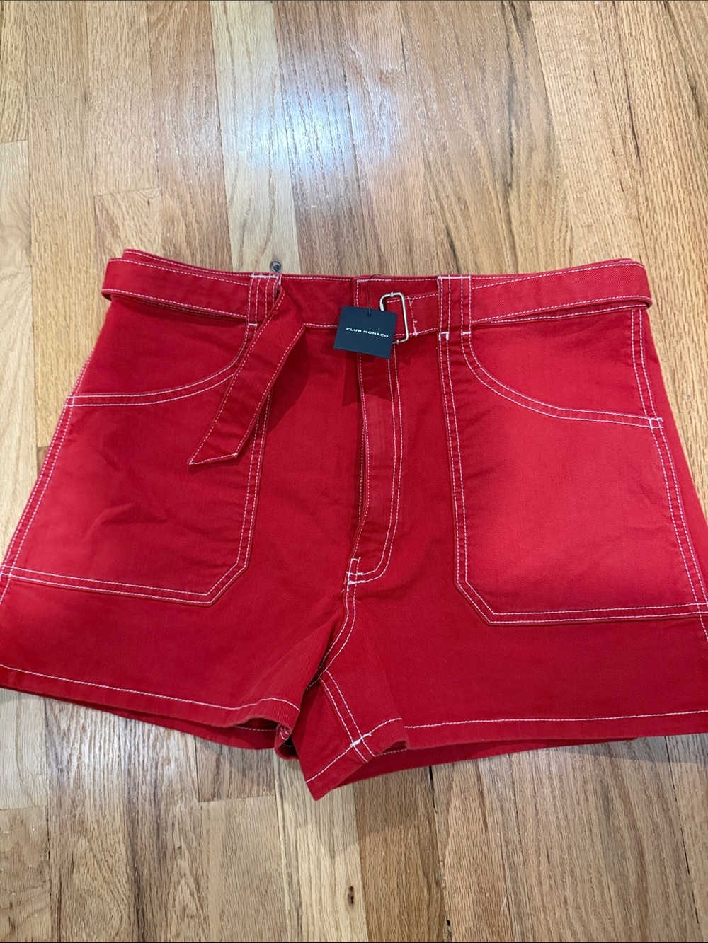 Club Monaco Red High-Waist denim Utility Shorts with Belt. size 31